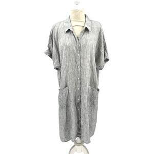 Eileen Fisher Linen Dress 1X Gray Pinstripe Short Sleeve Organic Linen Shift